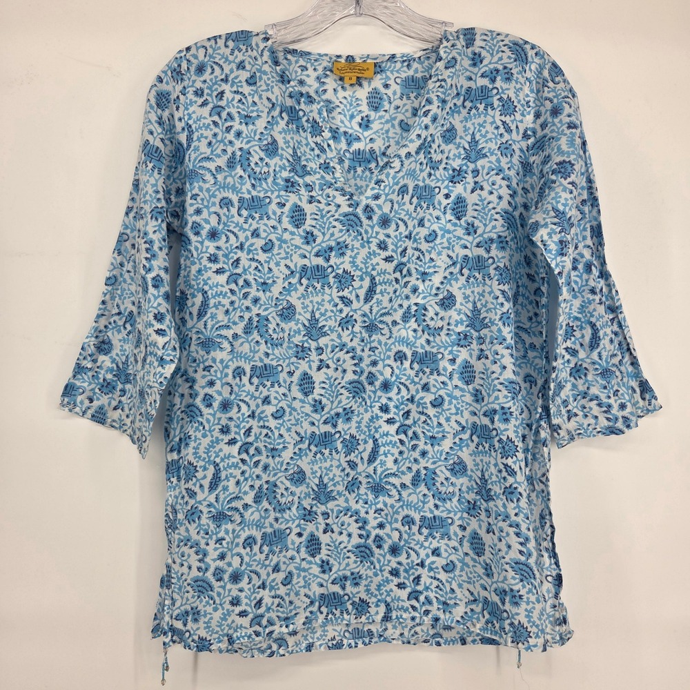 Roberta‎ Roller Rabbit Tunic Top 8 Blue Elephant Block Print Boho Coastal